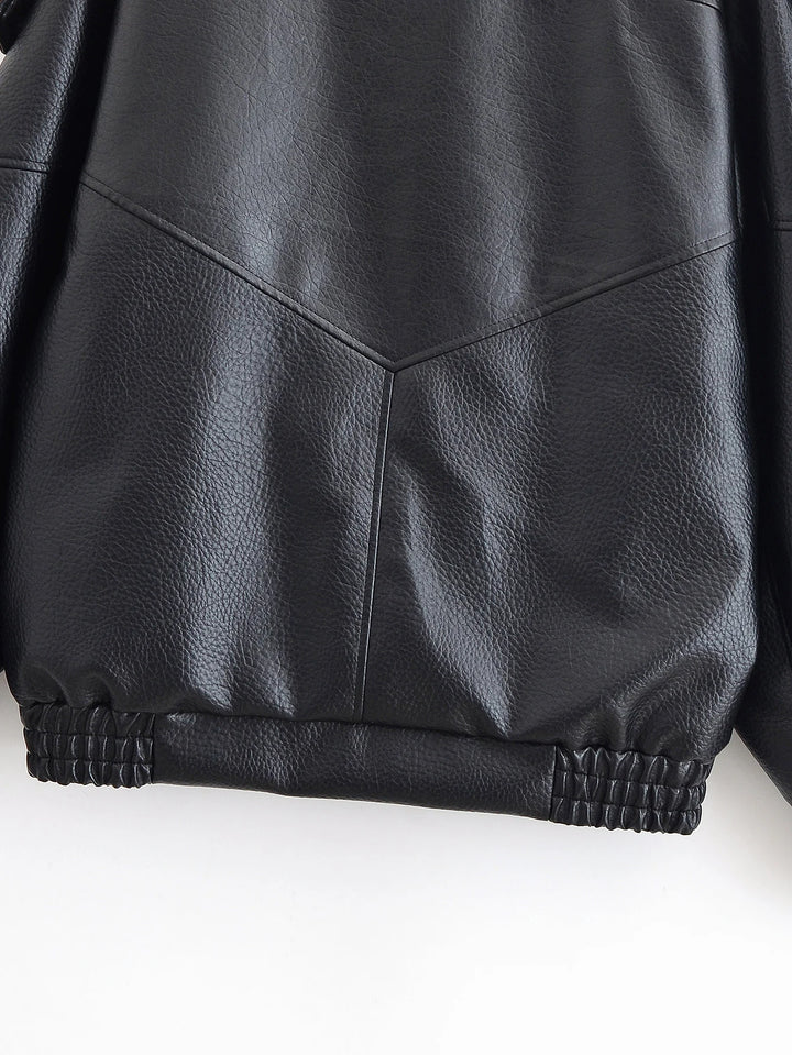 HH Autumn Faux Leather Jacket For Women Casual Solid Long Sleeve Zipper Pu Leather Coats New Fashion Female Streetwear