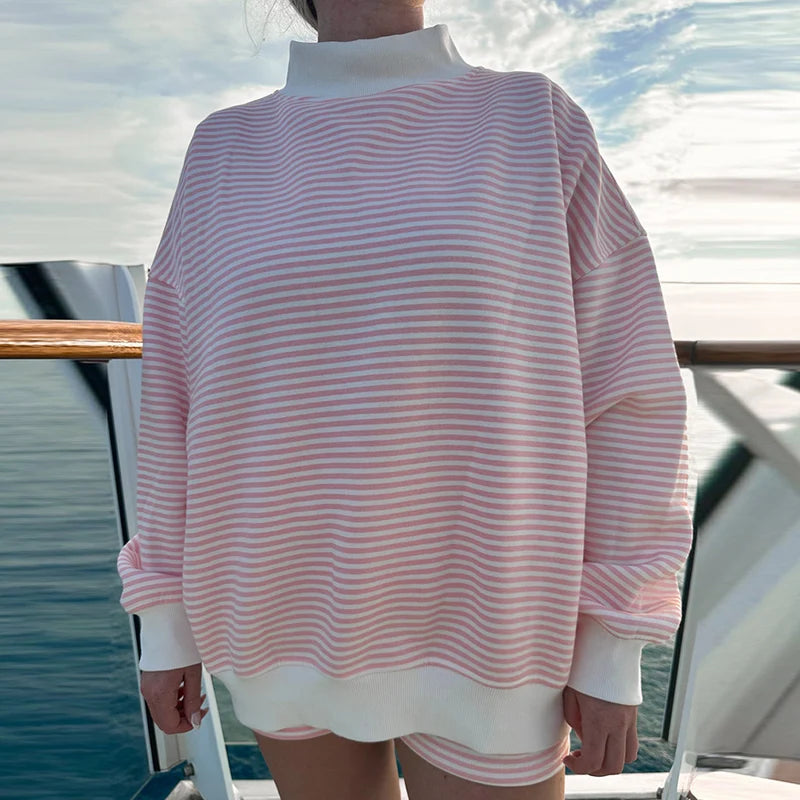 Striped Sweatshirt Sets for Women 2 Piece Shorts Outfits Y2k Long Sleeve High Neck Pullover and Shorts Lounge Fall Tracksuit