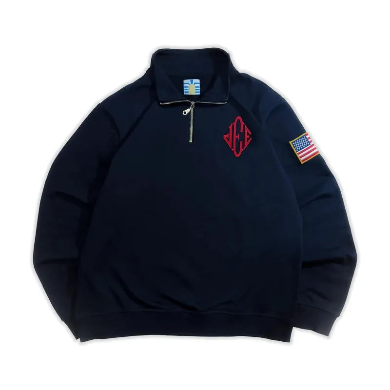 Y2K America Retro Embroidery Pullover White Quarterzip Stand Collar Polo Shirt Sweatshirt Casual Men Clotheing