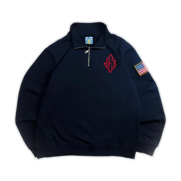 Y2K America Retro Embroidery Pullover White Quarterzip Stand Collar Polo Shirt Sweatshirt Casual Men Clotheing
