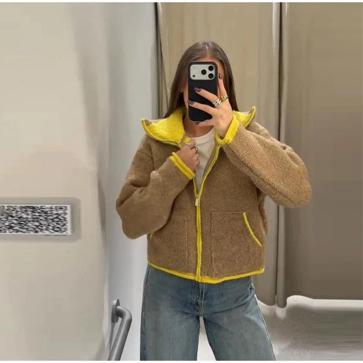 Fashion Contrasting Knitted Cardigan Elegant Long Sleeve Pockets Zipper Women Warm Sweater 2026 Spring Street Lady Chic Outwear