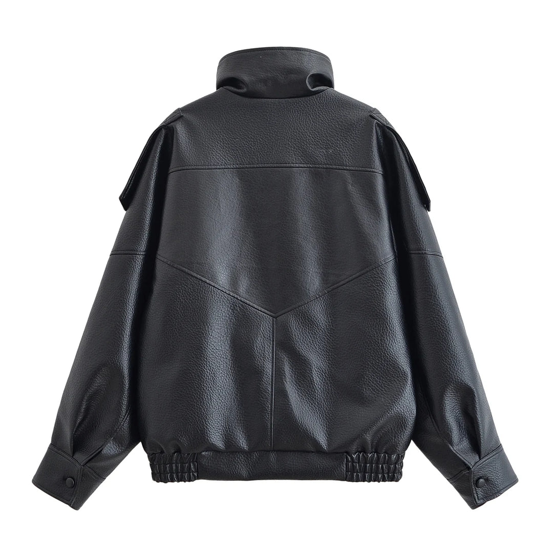 HH Autumn Faux Leather Jacket For Women Casual Solid Long Sleeve Zipper Pu Leather Coats New Fashion Female Streetwear