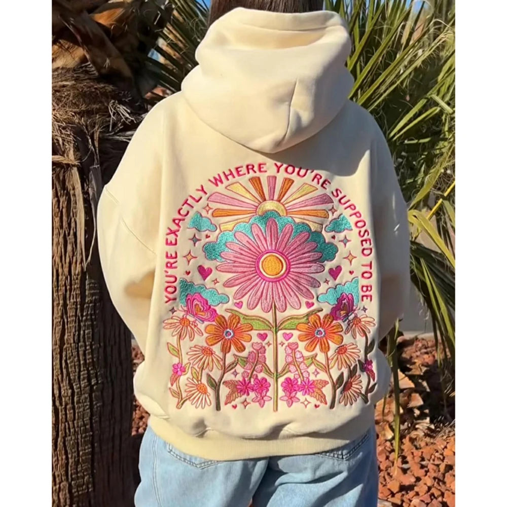 Combhasaki Women's Y2K Floral Letter Embroidered Hooded Pullover Cozy Stylish Long Sleeve Loose Sweatshirts with Kangaroo Pocket