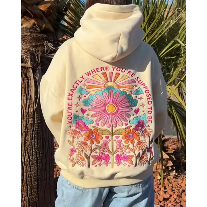 Combhasaki Women's Y2K Floral Letter Embroidered Hooded Pullover Cozy Stylish Long Sleeve Loose Sweatshirts with Kangaroo Pocket
