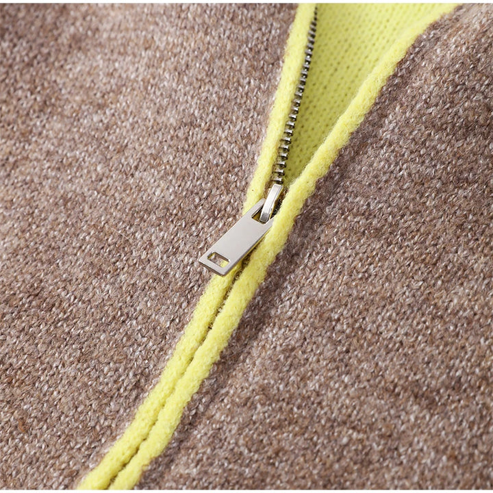Fashion Contrasting Knitted Cardigan Elegant Long Sleeve Pockets Zipper Women Warm Sweater 2026 Spring Street Lady Chic Outwear
