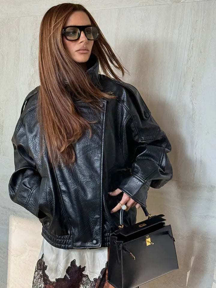 HH Autumn Faux Leather Jacket For Women Casual Solid Long Sleeve Zipper Pu Leather Coats New Fashion Female Streetwear
