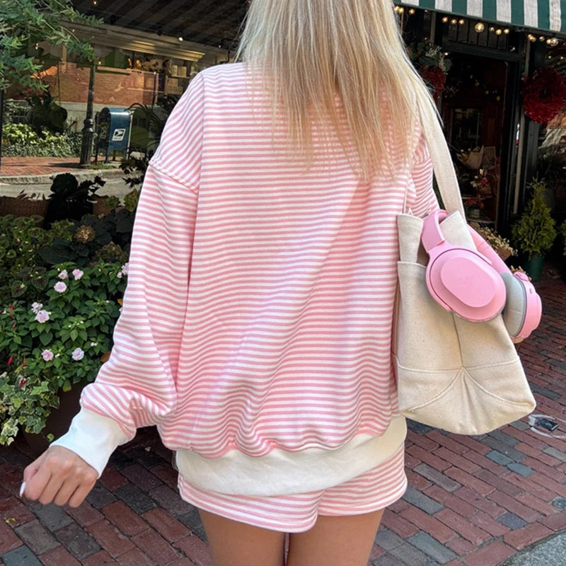 Striped Sweatshirt Sets for Women 2 Piece Shorts Outfits Y2k Long Sleeve High Neck Pullover and Shorts Lounge Fall Tracksuit