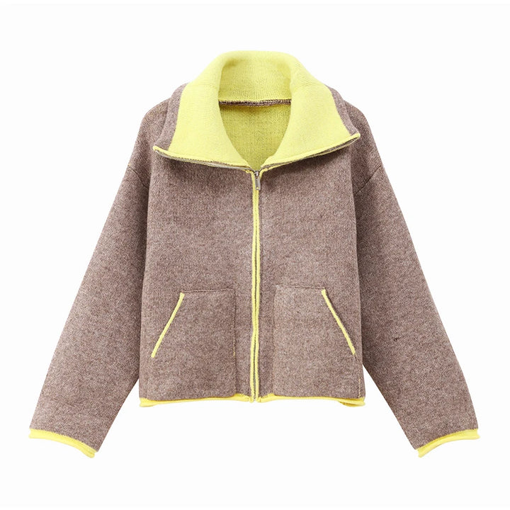 Fashion Contrasting Knitted Cardigan Elegant Long Sleeve Pockets Zipper Women Warm Sweater 2026 Spring Street Lady Chic Outwear