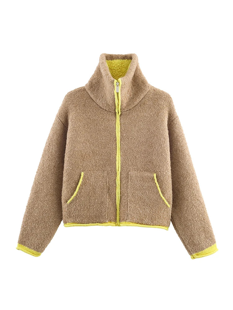 Fashion Contrasting Knitted Cardigan Elegant Long Sleeve Pockets Zipper Women Warm Sweater 2026 Spring Street Lady Chic Outwear