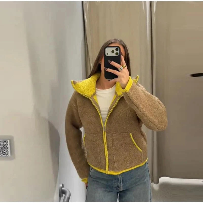 Fashion Contrasting Knitted Cardigan Elegant Long Sleeve Pockets Zipper Women Warm Sweater 2026 Spring Street Lady Chic Outwear