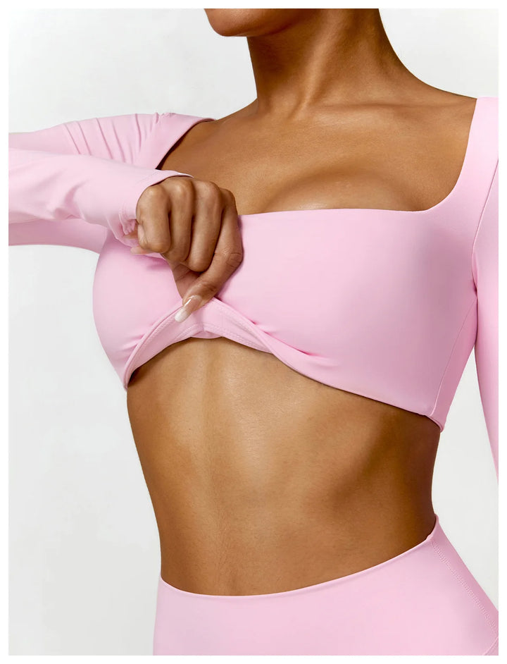 Hearuisavy Casual Quick Dry Sportswear Women Square Neck Gym Top Women Fitness Sports Crop Top Female Long Sleeve Yoga Clothing