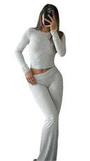 Casual Workout Two Piece Outfits Long Sleeve High Waist Fold-over Flare Flared Leggings Pants Tracksuit Sets Streetwear