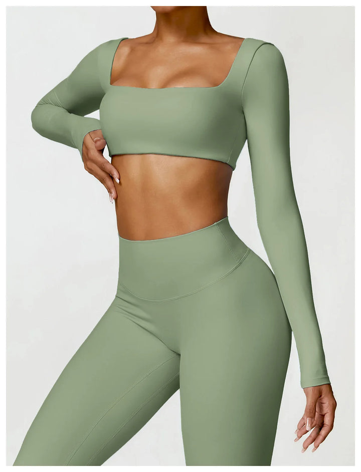 Hearuisavy Casual Quick Dry Sportswear Women Square Neck Gym Top Women Fitness Sports Crop Top Female Long Sleeve Yoga Clothing