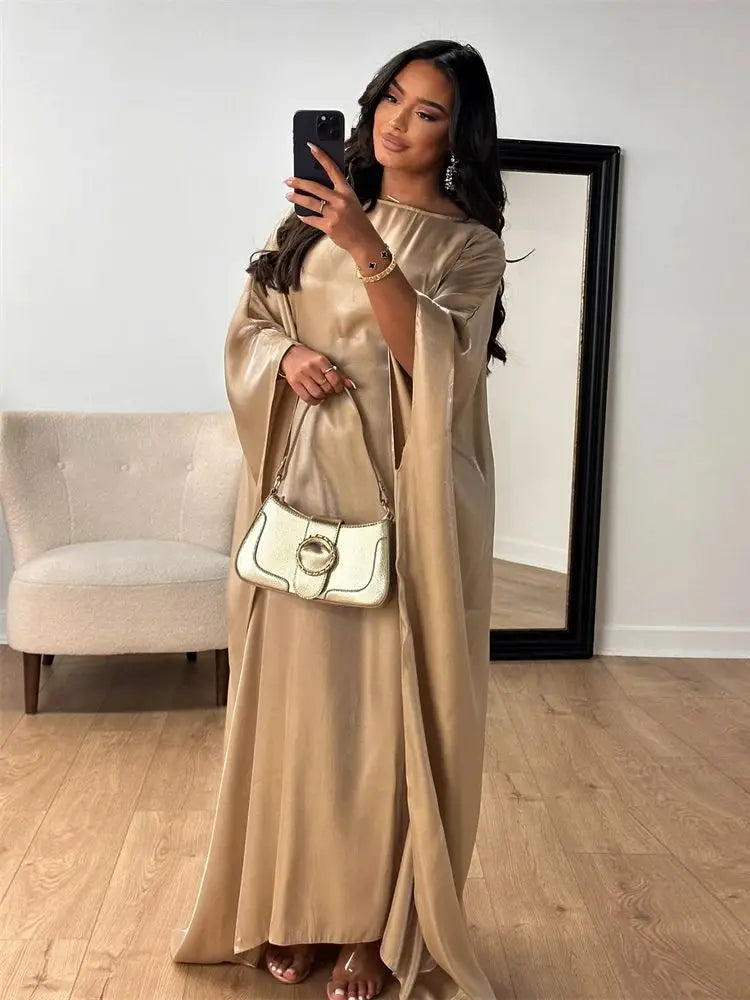 Batwing Butterfly Sleeve Satin Khimar Abaya Dubai Muslim Maxi Dress Kaftan Abayas For Women Kebaya Caftan Robe Femme Vestidos