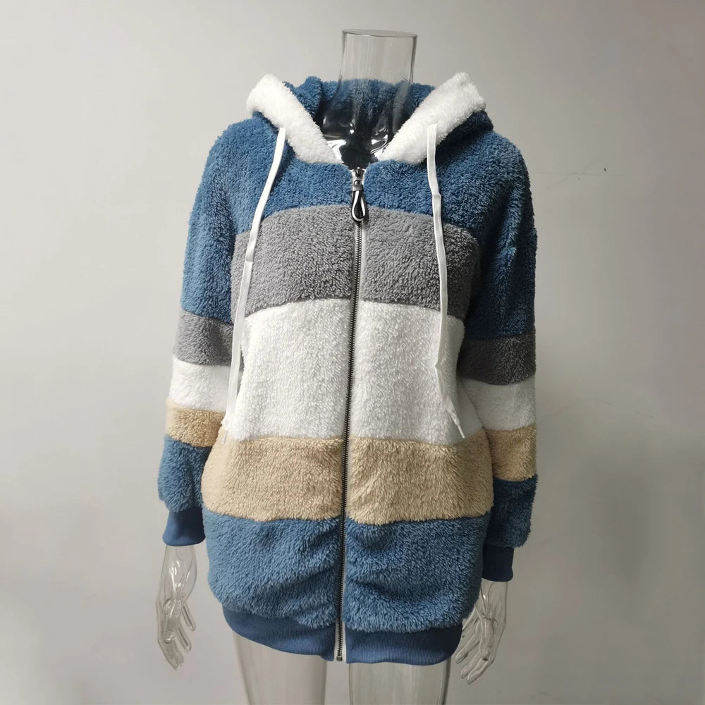 Winter Fashion Women's Coat 2025 Hooded Zipper Ladies Jacket Spliced Thick Cashmere Women Jacket Stitching Plaid Ladies Coats