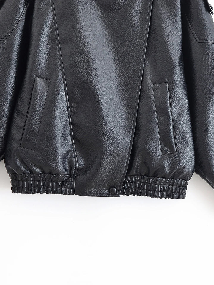 HH Autumn Faux Leather Jacket For Women Casual Solid Long Sleeve Zipper Pu Leather Coats New Fashion Female Streetwear
