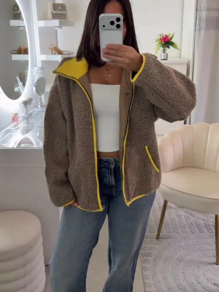 Fashion Contrasting Knitted Cardigan Elegant Long Sleeve Pockets Zipper Women Warm Sweater 2026 Spring Street Lady Chic Outwear