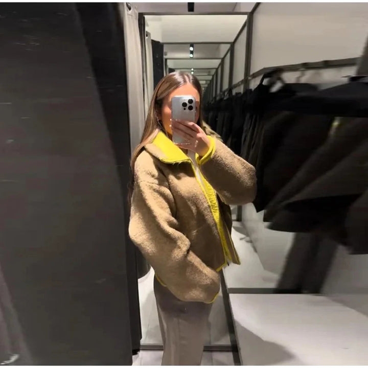 Fashion Contrasting Knitted Cardigan Elegant Long Sleeve Pockets Zipper Women Warm Sweater 2026 Spring Street Lady Chic Outwear