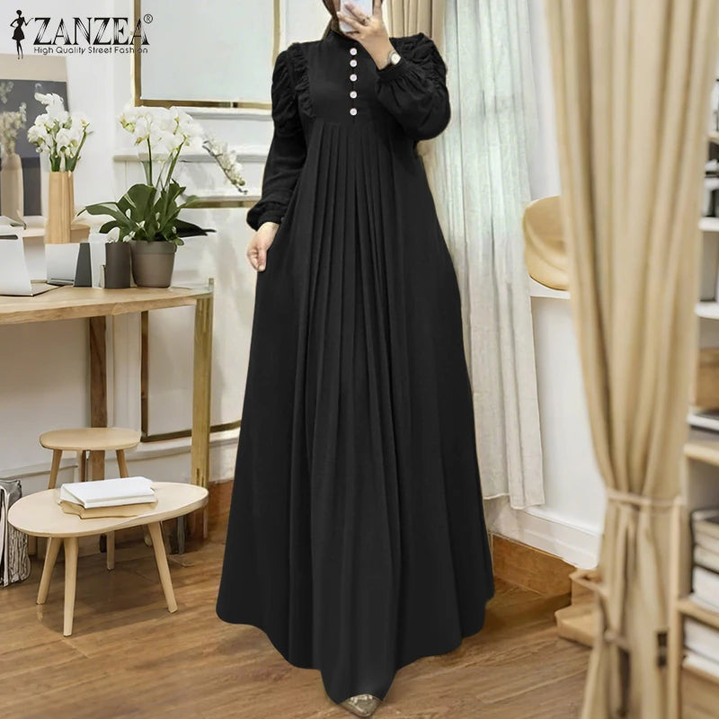 ZANZEA Muslim Modest Maxi Dresses Women Elegant Ruffles Trim Long Sleeve Pleated Abaya Robes Islamic Hijabis Eid Vestidos 2025