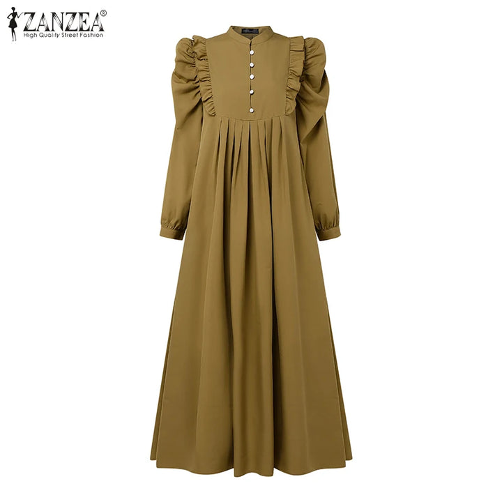 ZANZEA Muslim Modest Maxi Dresses Women Elegant Ruffles Trim Long Sleeve Pleated Abaya Robes Islamic Hijabis Eid Vestidos 2025