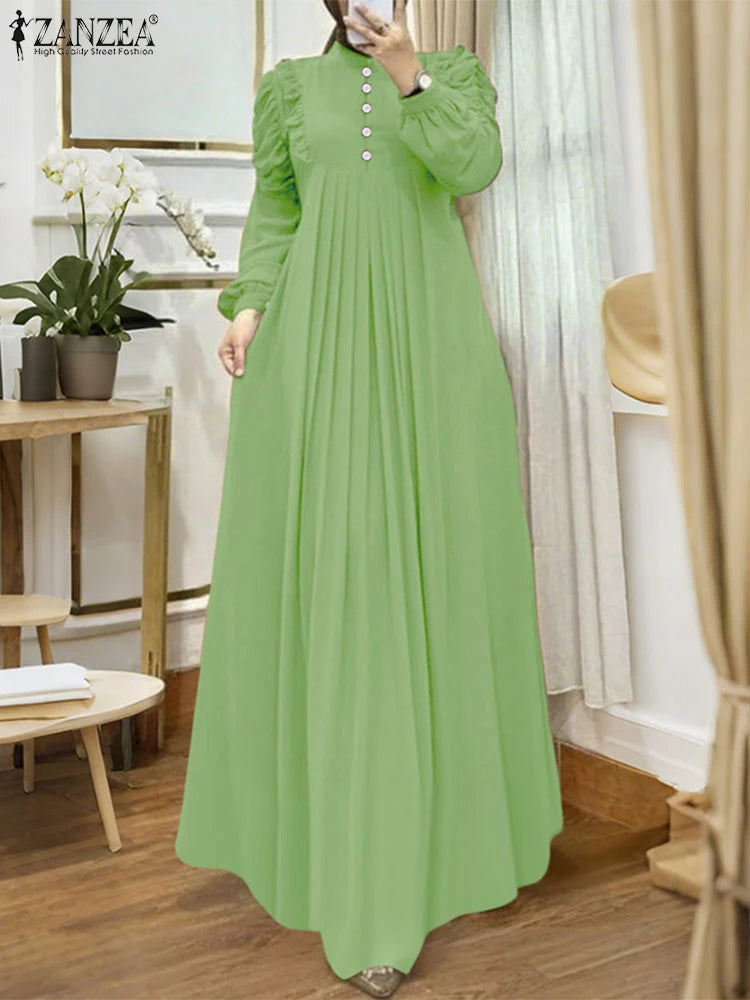 ZANZEA Muslim Modest Maxi Dresses Women Elegant Ruffles Trim Long Sleeve Pleated Abaya Robes Islamic Hijabis Eid Vestidos 2025