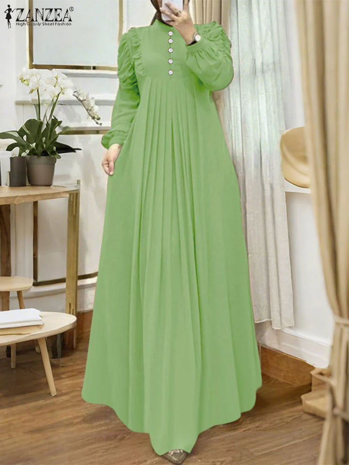 ZANZEA Muslim Modest Maxi Dresses Women Elegant Ruffles Trim Long Sleeve Pleated Abaya Robes Islamic Hijabis Eid Vestidos 2025