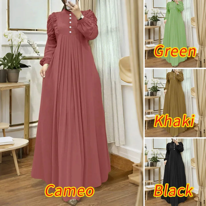 ZANZEA Muslim Modest Maxi Dresses Women Elegant Ruffles Trim Long Sleeve Pleated Abaya Robes Islamic Hijabis Eid Vestidos 2025