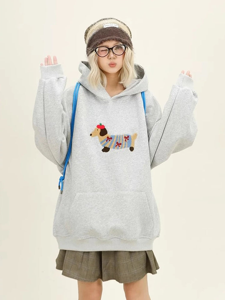 Women Sweatshirt Streetwear Couples Tops Casual Loose Hoodie Autumn Winter Cartoon Dog Embroidery Hooded Pullover