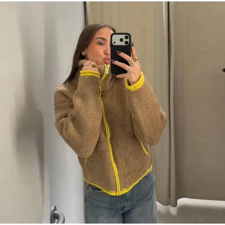 Fashion Contrasting Knitted Cardigan Elegant Long Sleeve Pockets Zipper Women Warm Sweater 2026 Spring Street Lady Chic Outwear