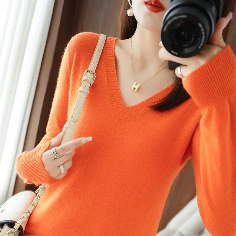 Autumn Winter Women Sweater 2026 Korean Fashion Knitwears Warm Long Sleeve V-neck Knit Pullovers Slim Fit Bottoming Shirt Jumper
