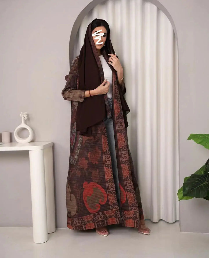 Retro Printed Pleated Windbreaker Women's Patchwork Collar Belt Long Windbreaker Jacket Saudi Arabia New Muslim Abaya