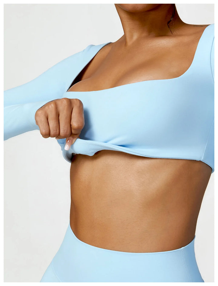 Hearuisavy Casual Quick Dry Sportswear Women Square Neck Gym Top Women Fitness Sports Crop Top Female Long Sleeve Yoga Clothing