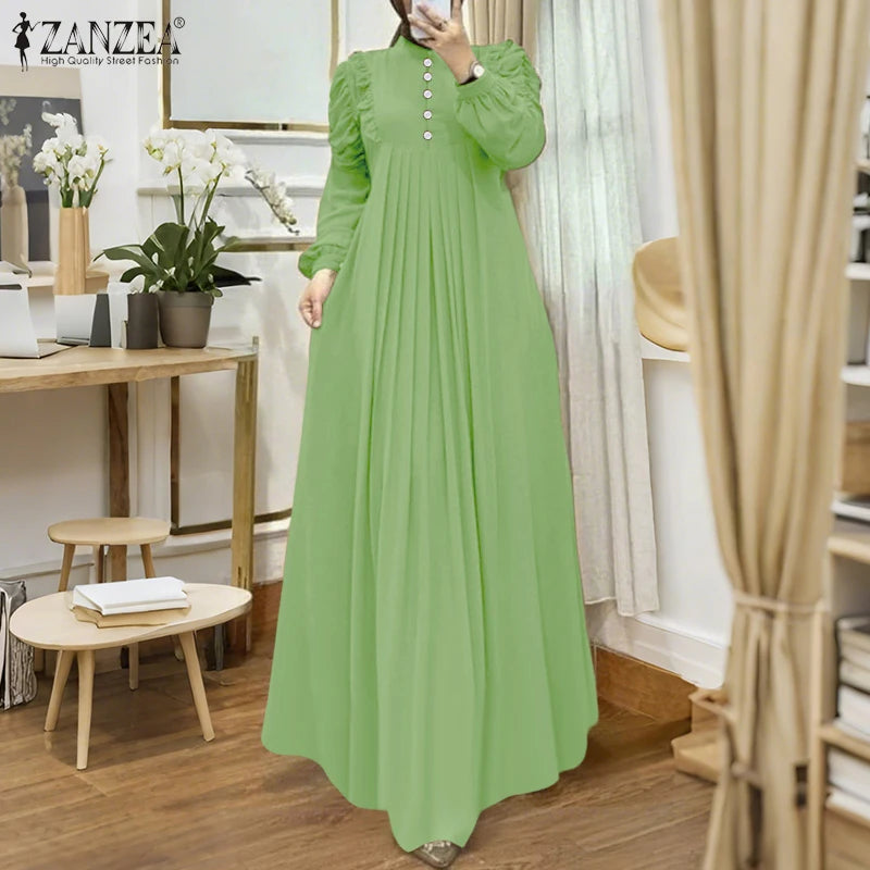 ZANZEA Muslim Modest Maxi Dresses Women Elegant Ruffles Trim Long Sleeve Pleated Abaya Robes Islamic Hijabis Eid Vestidos 2025