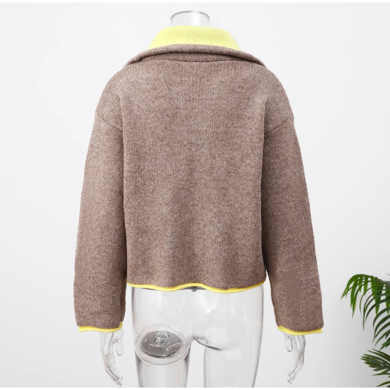 Fashion Contrasting Knitted Cardigan Elegant Long Sleeve Pockets Zipper Women Warm Sweater 2026 Spring Street Lady Chic Outwear