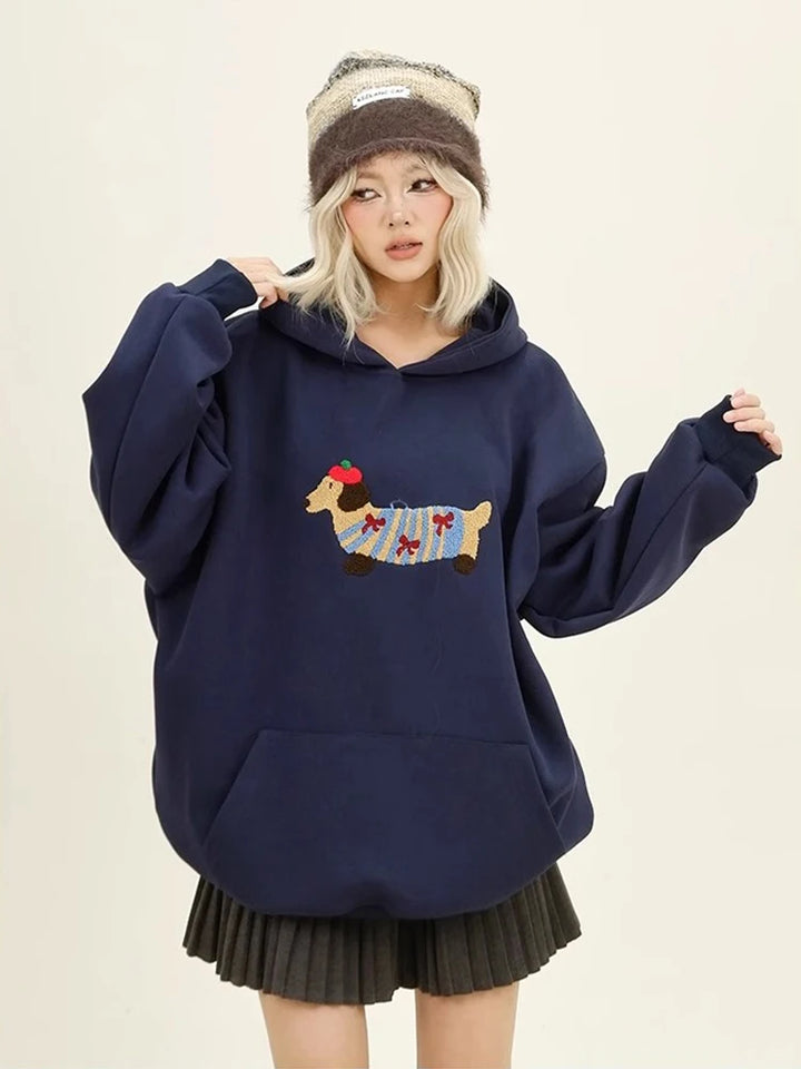 Women Sweatshirt Streetwear Couples Tops Casual Loose Hoodie Autumn Winter Cartoon Dog Embroidery Hooded Pullover