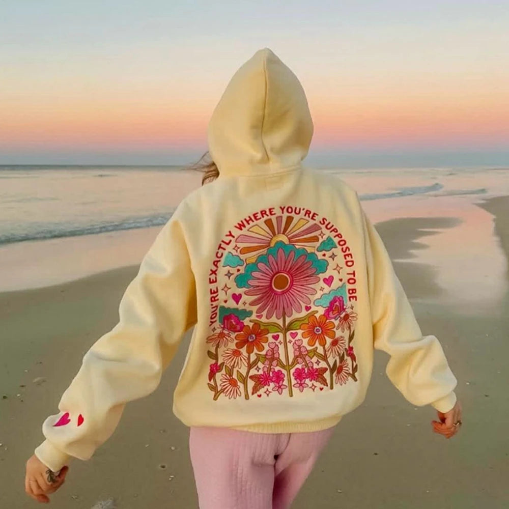 Combhasaki Women's Y2K Floral Letter Embroidered Hooded Pullover Cozy Stylish Long Sleeve Loose Sweatshirts with Kangaroo Pocket