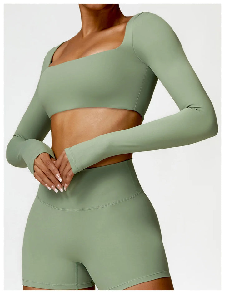 Hearuisavy Casual Quick Dry Sportswear Women Square Neck Gym Top Women Fitness Sports Crop Top Female Long Sleeve Yoga Clothing
