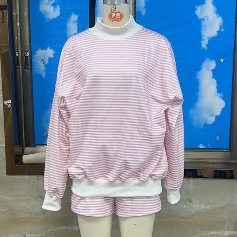 Striped Sweatshirt Sets for Women 2 Piece Shorts Outfits Y2k Long Sleeve High Neck Pullover and Shorts Lounge Fall Tracksuit