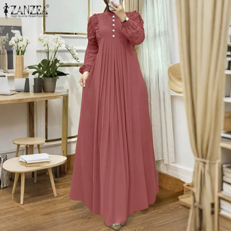ZANZEA Muslim Modest Maxi Dresses Women Elegant Ruffles Trim Long Sleeve Pleated Abaya Robes Islamic Hijabis Eid Vestidos 2025