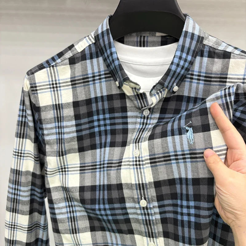 Luxury Brand Embroidery 100% Cotton Long Sleeved Shirt Men