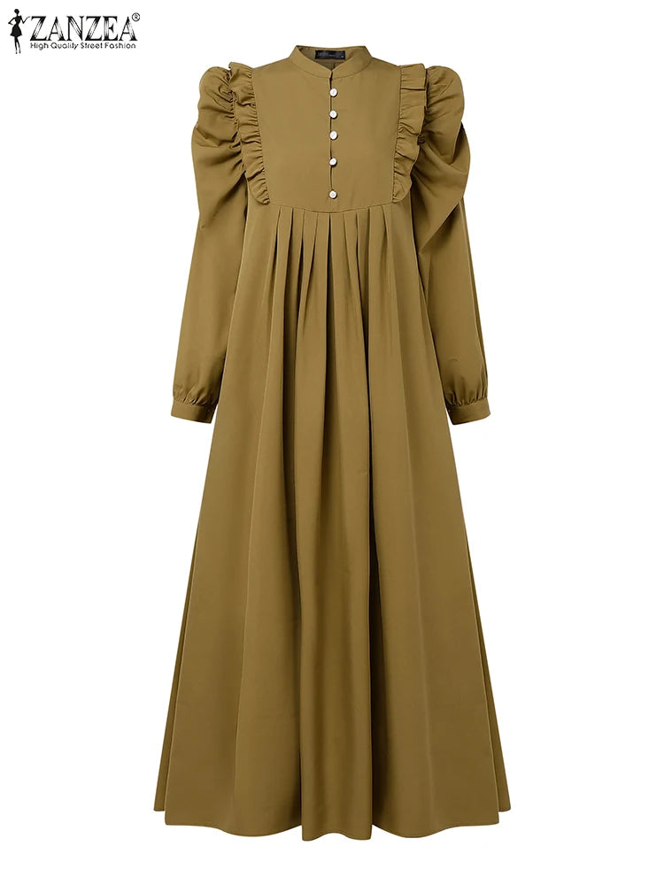 ZANZEA Muslim Modest Maxi Dresses Women Elegant Ruffles Trim Long Sleeve Pleated Abaya Robes Islamic Hijabis Eid Vestidos 2025