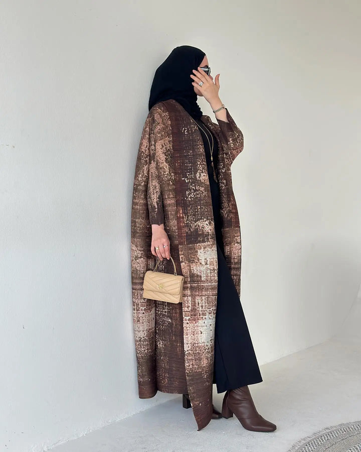 Retro Printed Pleated Windbreaker Women's Patchwork Collar Belt Long Windbreaker Jacket Saudi Arabia New Muslim Abaya