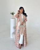 Retro Printed Pleated Windbreaker Women's Patchwork Collar Belt Long Windbreaker Jacket Saudi Arabia New Muslim Abaya