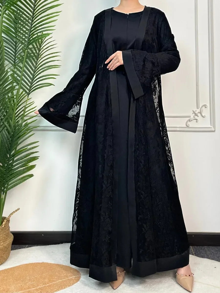 Ramadan Eid Prayer Lace Abaya 2 Piece Set Inner Dress Women Flare Sleeve Long Abayas Kaftan Djellaba Dubai Party Vestidos 2026