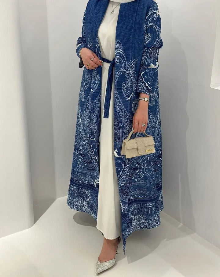 Retro Printed Pleated Windbreaker Women's Patchwork Collar Belt Long Windbreaker Jacket Saudi Arabia New Muslim Abaya