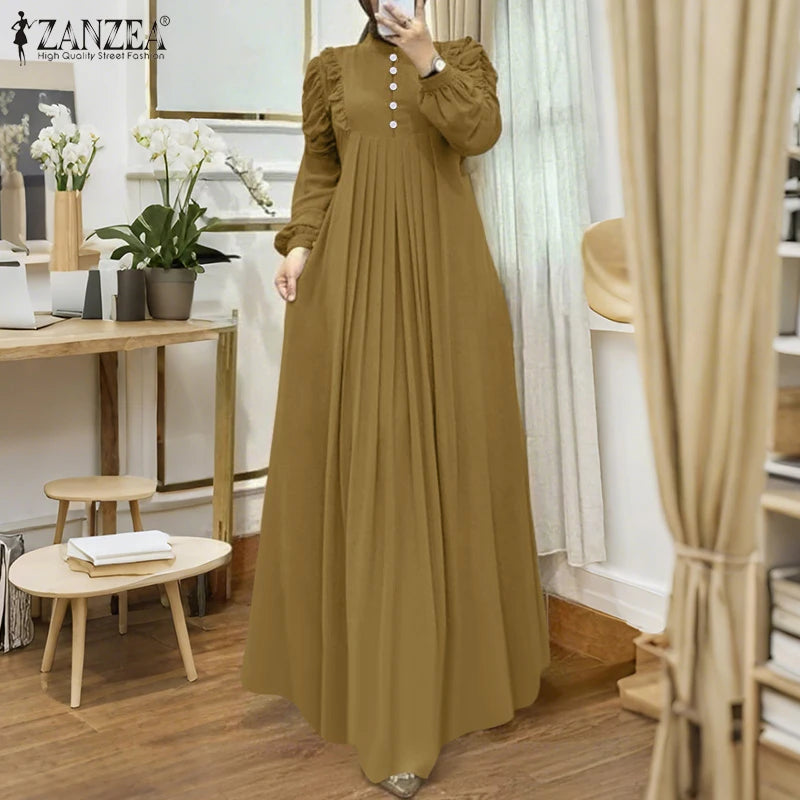 ZANZEA Muslim Modest Maxi Dresses Women Elegant Ruffles Trim Long Sleeve Pleated Abaya Robes Islamic Hijabis Eid Vestidos 2025
